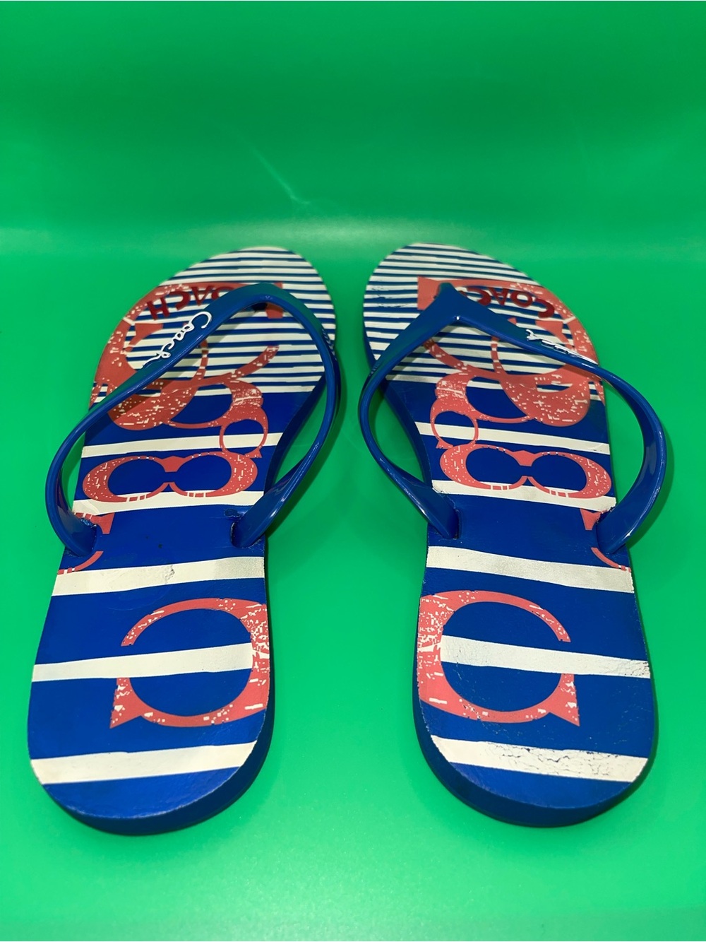 Coach Blue, White and Coral Striped Flip Flops
